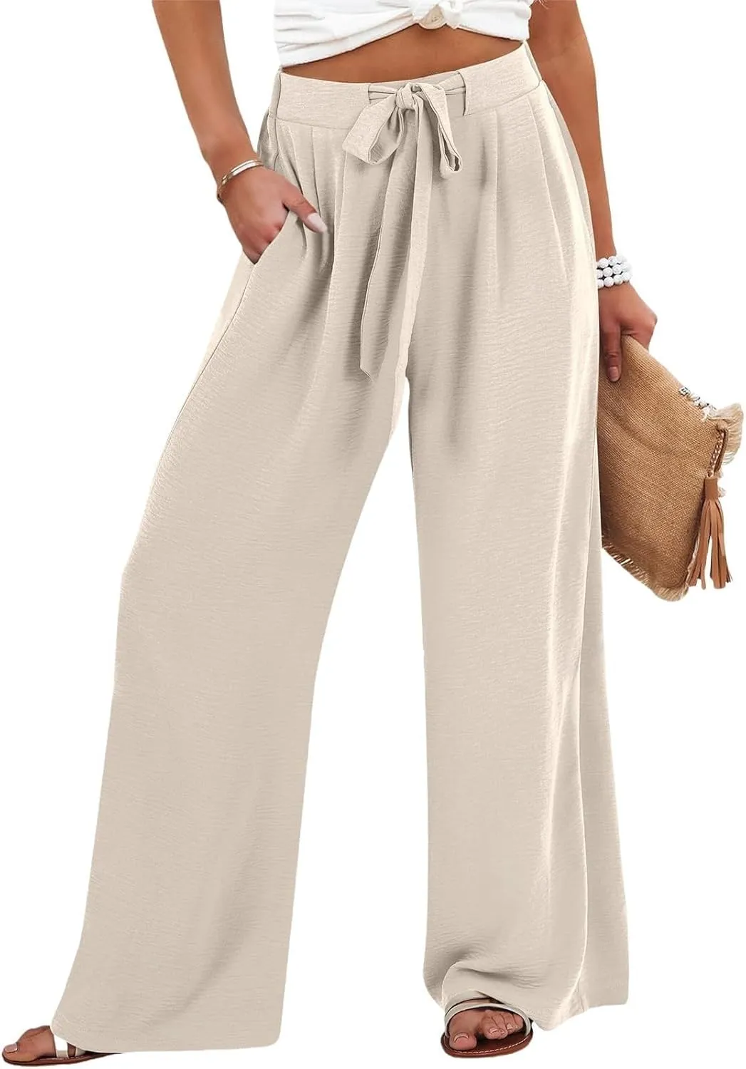 Linen Pants for Women 2025 Summer High Waisted Wide Leg Palazzo with Pockets Casual Loose Fit Flowy Beach Trousers