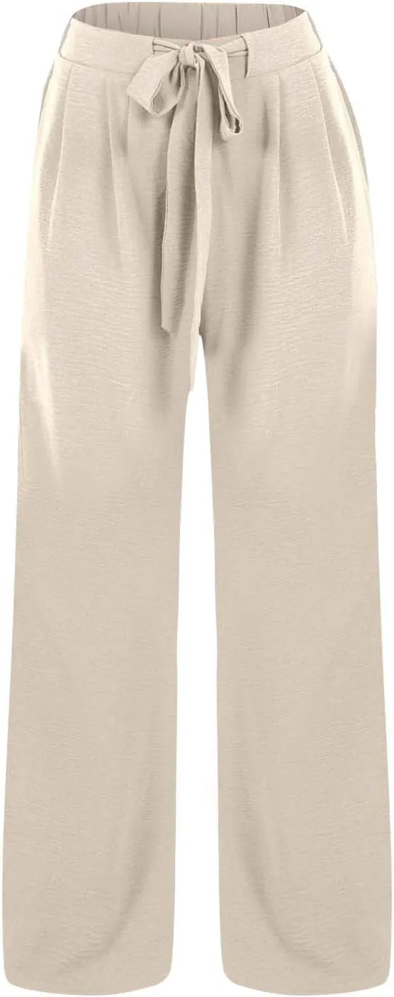 Linen Pants for Women 2025 Summer High Waisted Wide Leg Palazzo with Pockets Casual Loose Fit Flowy Beach Trousers