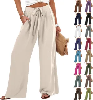 Linen Pants for Women 2025 Summer High Waisted Wide Leg Palazzo with Pockets Casual Loose Fit Flowy Beach Trousers