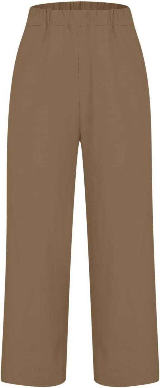 Linen Pants for Women Elastic High Waist Summer Capri Pants Straight Leg Loose Casual Cropped Trousers with Pockets