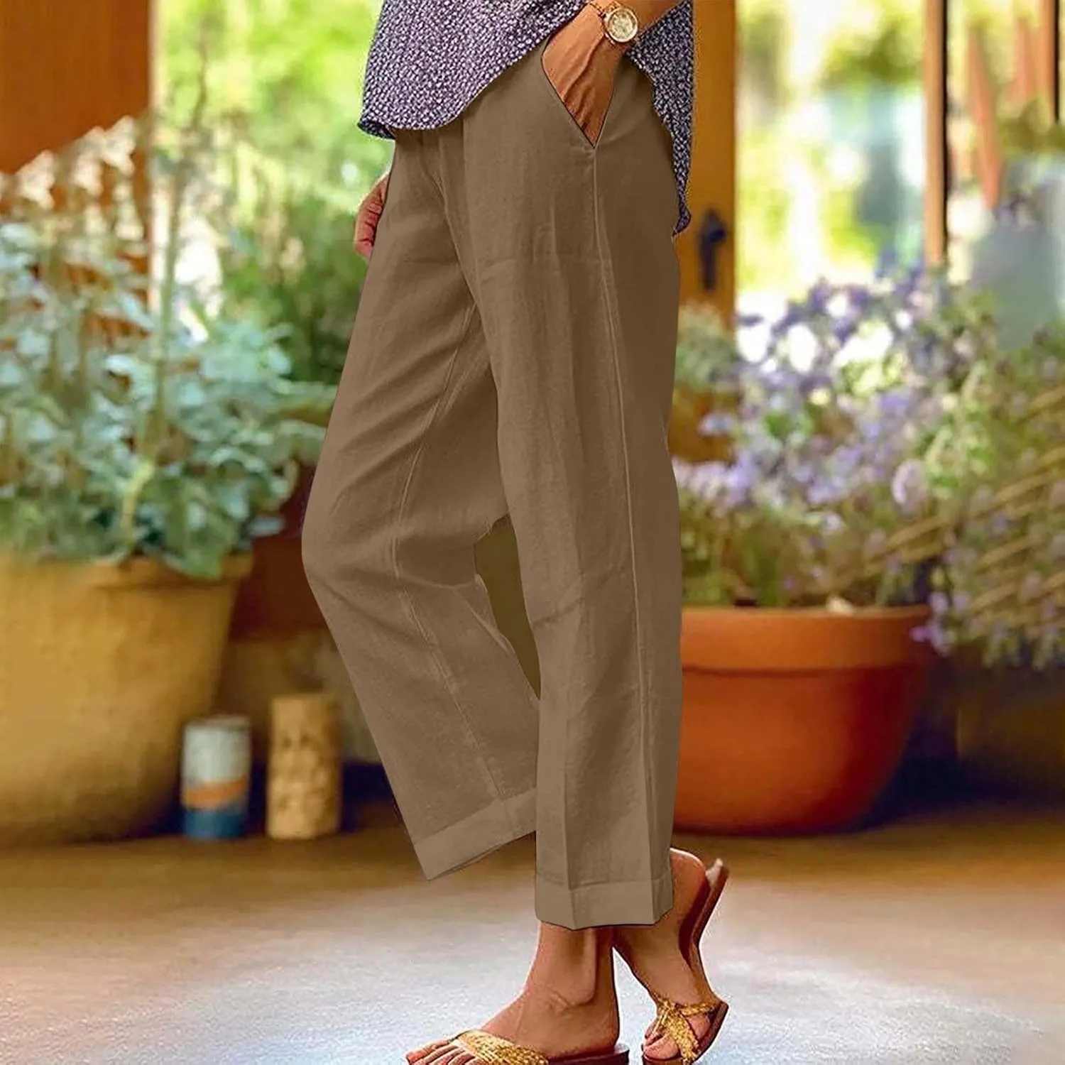 Linen Pants for Women Elastic High Waist Summer Capri Pants Straight Leg Loose Casual Cropped Trousers with Pockets