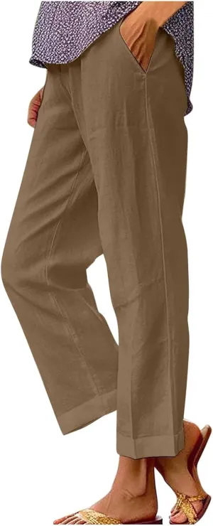Linen Pants for Women Elastic High Waist Summer Capri Pants Straight Leg Loose Casual Cropped Trousers with Pockets
