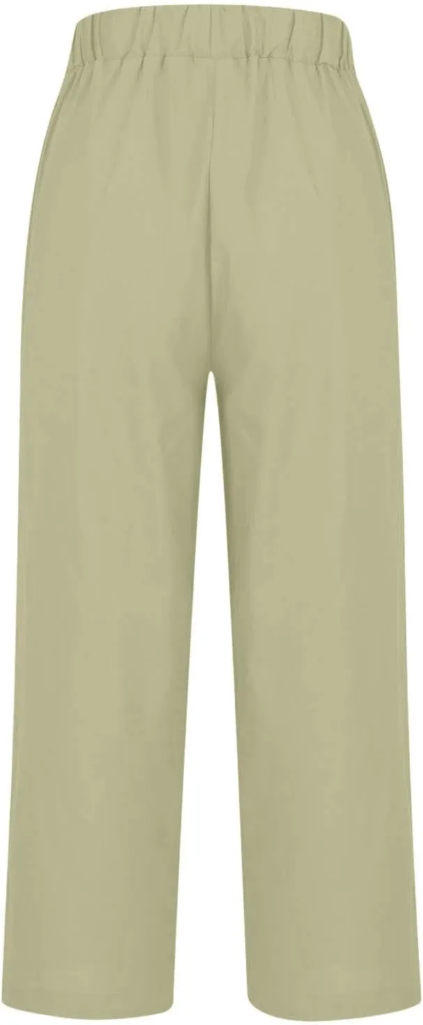 Linen Pants for Women Elastic High Waist Summer Capri Pants Straight Leg Loose Casual Cropped Trousers with Pockets