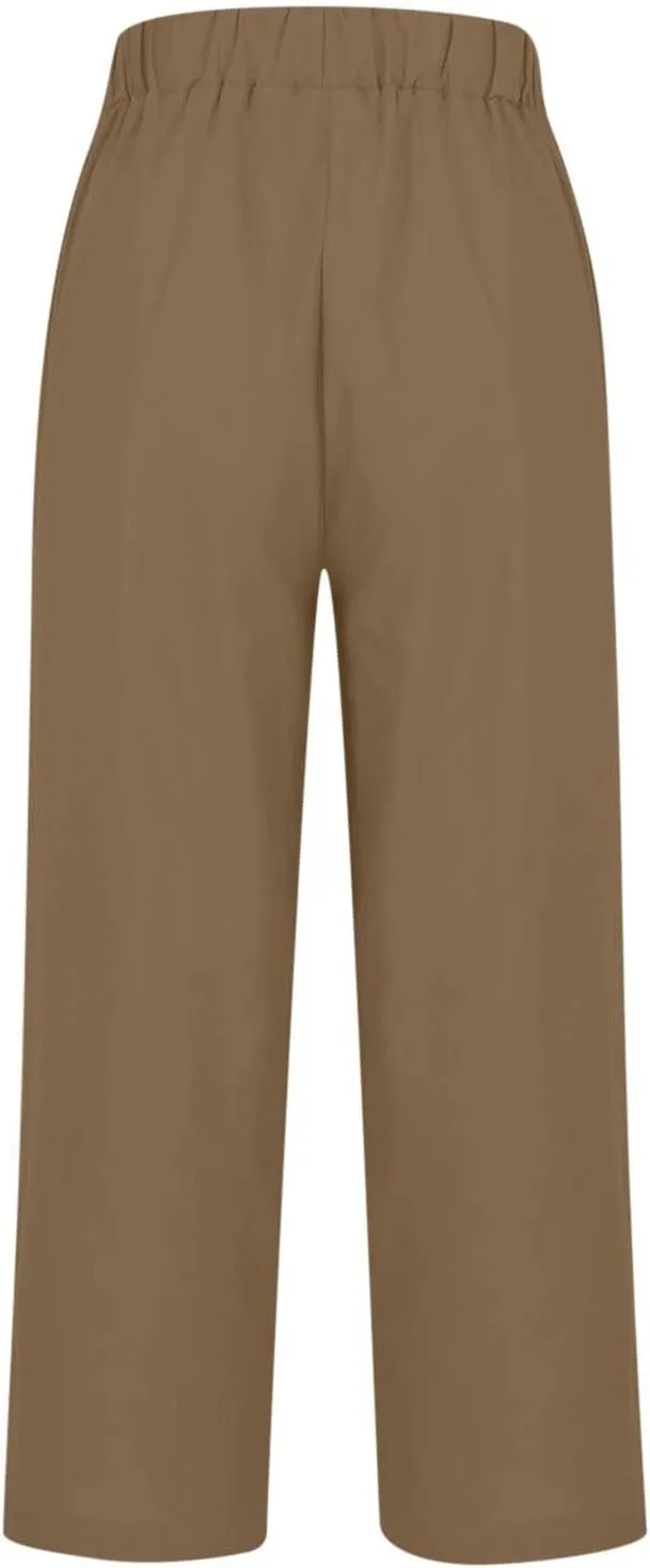 Linen Pants for Women Elastic High Waist Summer Capri Pants Straight Leg Loose Casual Cropped Trousers with Pockets