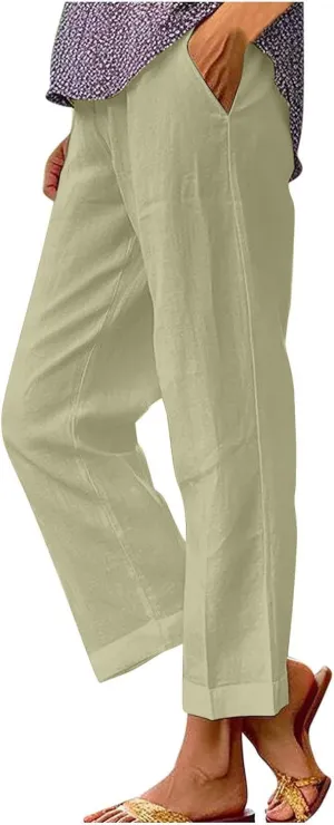 Linen Pants for Women Elastic High Waist Summer Capri Pants Straight Leg Loose Casual Cropped Trousers with Pockets