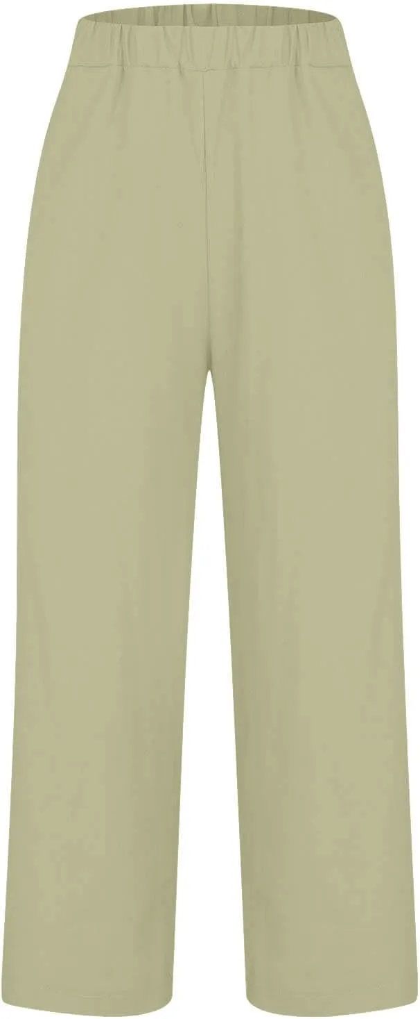 Linen Pants for Women Elastic High Waist Summer Capri Pants Straight Leg Loose Casual Cropped Trousers with Pockets