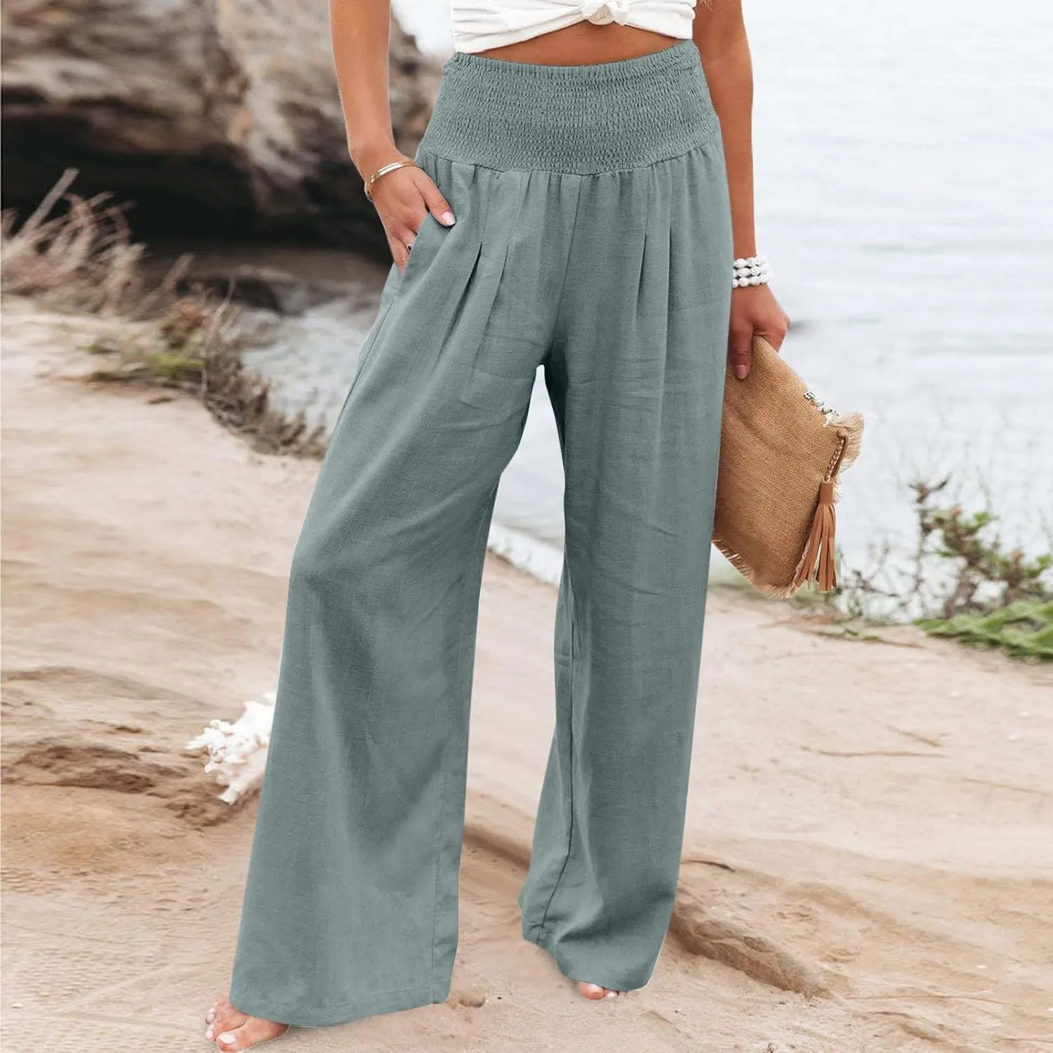 Linen Pants Women 2025 Summer Flowy Palazzo Pants Wide Leg Beach Pants High Waisted Lounge Vacation Trousers