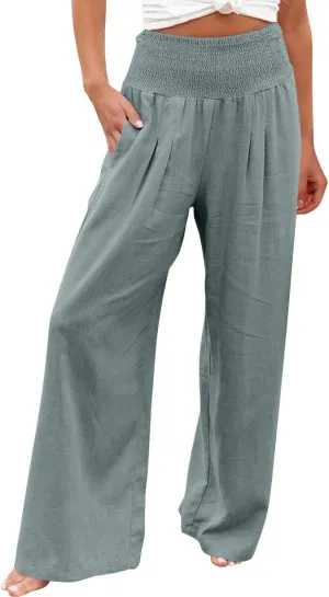 Linen Pants Women 2025 Summer Flowy Palazzo Pants Wide Leg Beach Pants High Waisted Lounge Vacation Trousers