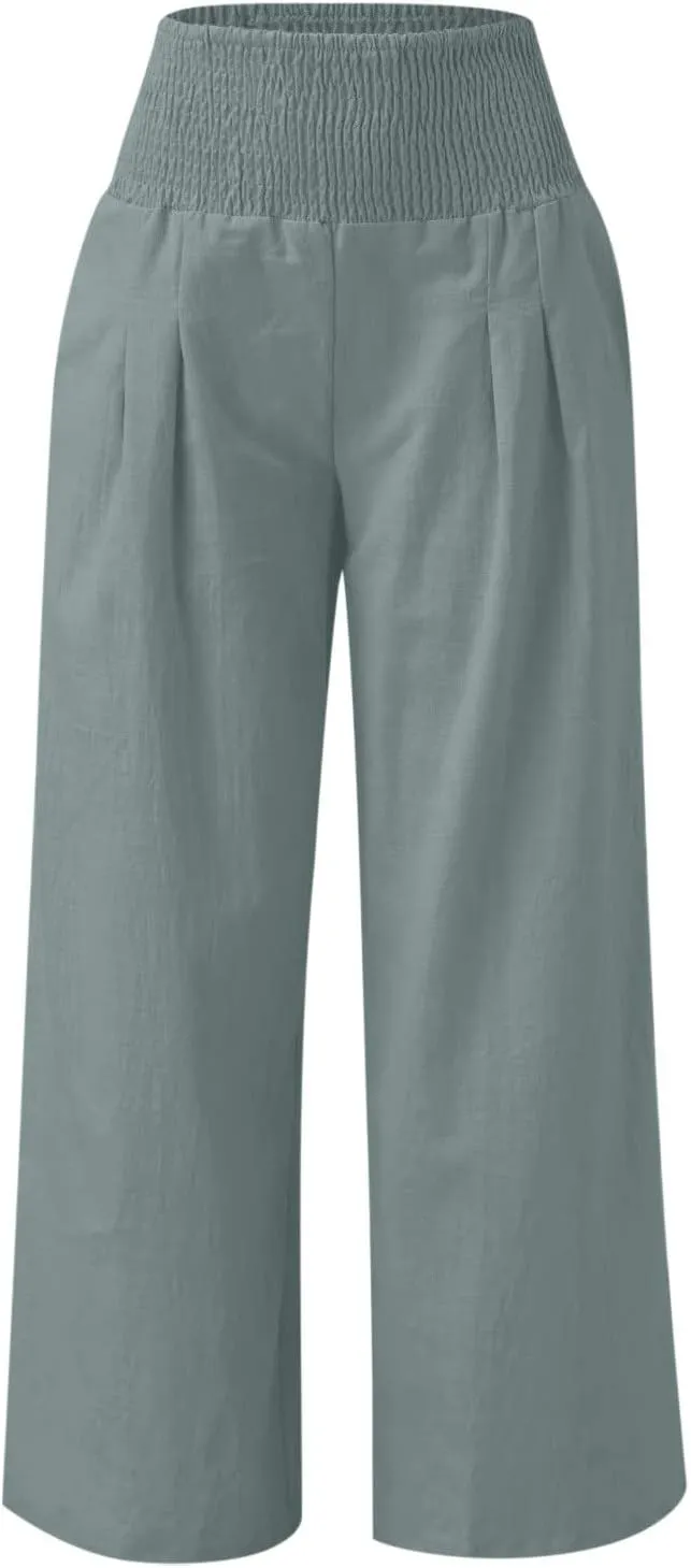 Linen Pants Women 2025 Summer Flowy Palazzo Pants Wide Leg Beach Pants High Waisted Lounge Vacation Trousers