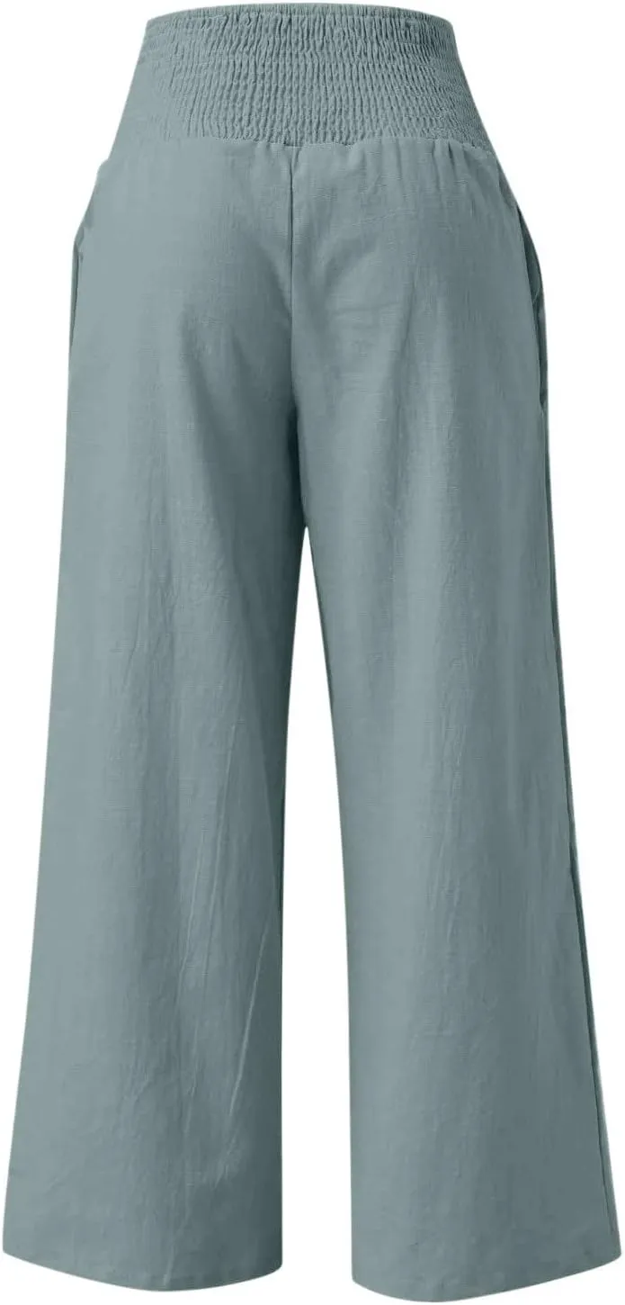 Linen Pants Women 2025 Summer Flowy Palazzo Pants Wide Leg Beach Pants High Waisted Lounge Vacation Trousers