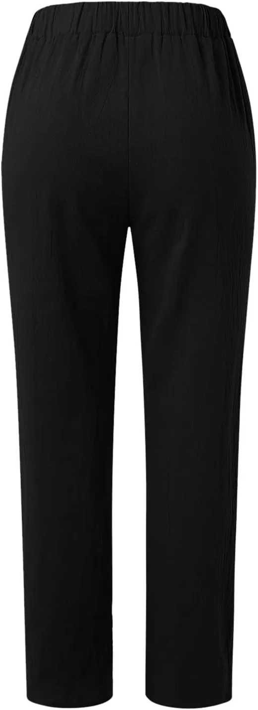 Linen Pants Women High Waist Loose Summer Beach Pants Casual Lightweight Drawstring Lounge Trousers with Pockets
