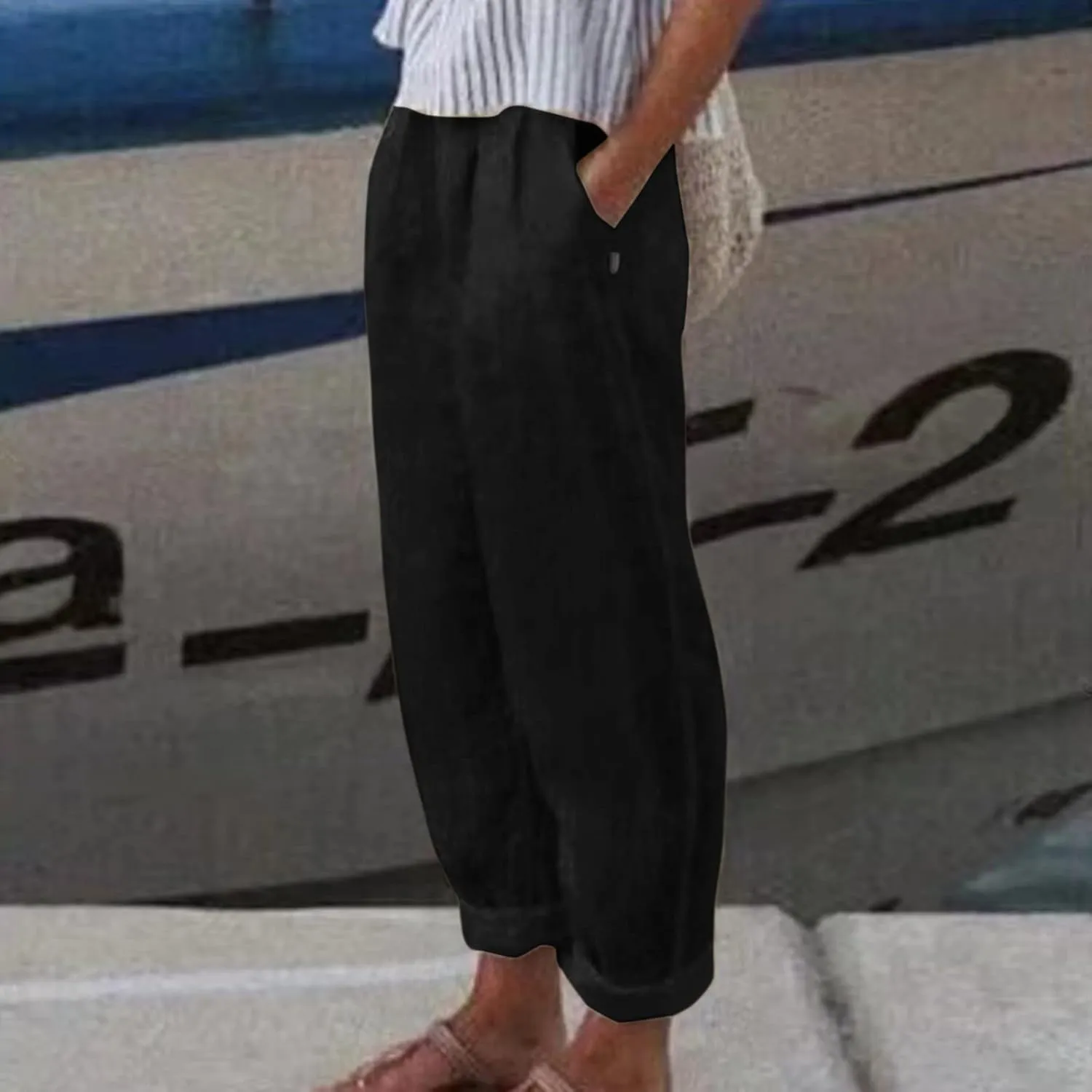 Linen Pants Women High Waist Loose Summer Beach Pants Casual Lightweight Drawstring Lounge Trousers with Pockets