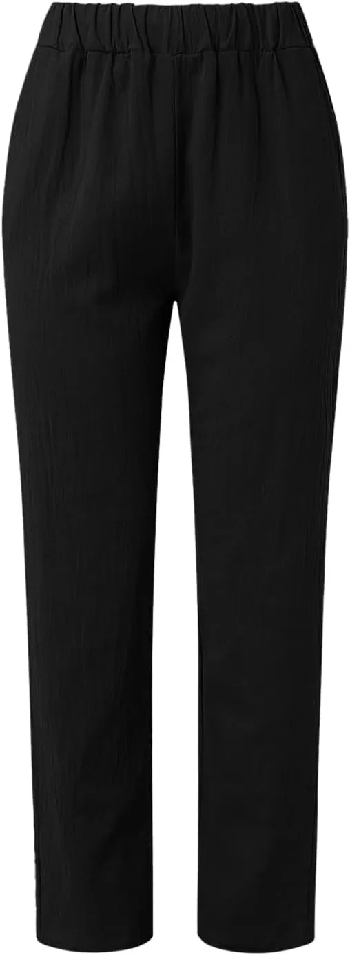 Linen Pants Women High Waist Loose Summer Beach Pants Casual Lightweight Drawstring Lounge Trousers with Pockets