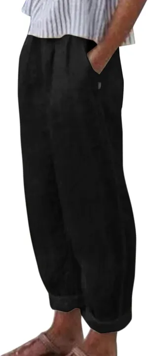 Linen Pants Women High Waist Loose Summer Beach Pants Casual Lightweight Drawstring Lounge Trousers with Pockets