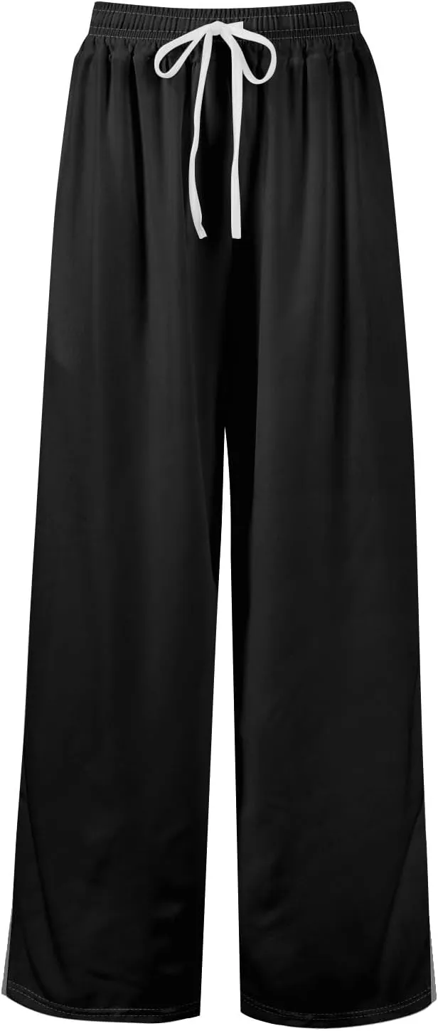 Linen Pants Women High Waisted Wide Leg Pants Drawstring Palazzo Lounge Pant Summer Beach Vacation Trousers