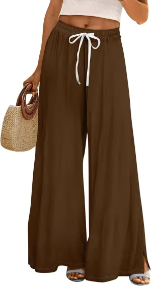 Linen Pants Women High Waisted Wide Leg Pants Drawstring Palazzo Lounge Pant Summer Beach Vacation Trousers