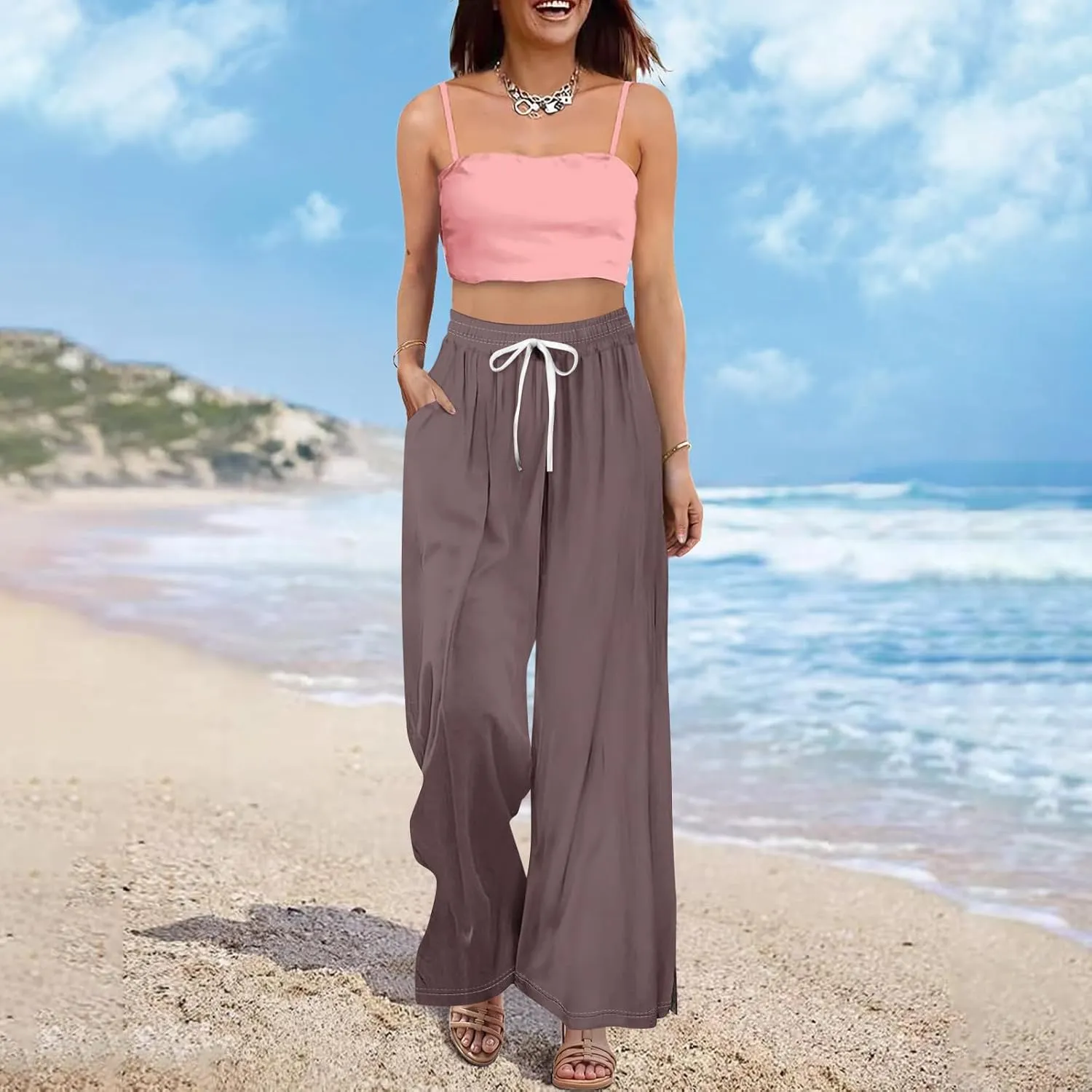 Linen Pants Women High Waisted Wide Leg Pants Drawstring Palazzo Lounge Pant Summer Beach Vacation Trousers