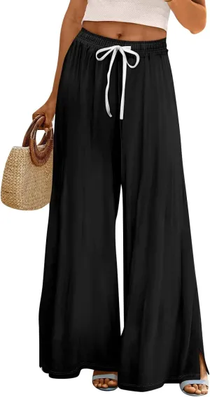 Linen Pants Women High Waisted Wide Leg Pants Drawstring Palazzo Lounge Pant Summer Beach Vacation Trousers