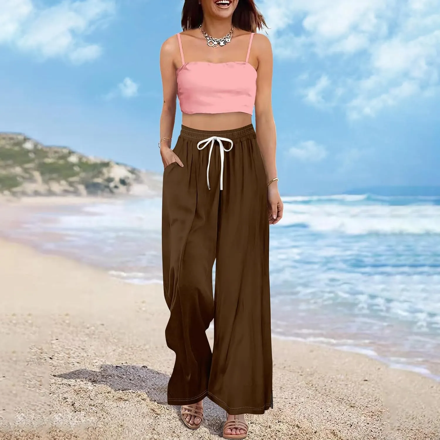 Linen Pants Women High Waisted Wide Leg Pants Drawstring Palazzo Lounge Pant Summer Beach Vacation Trousers
