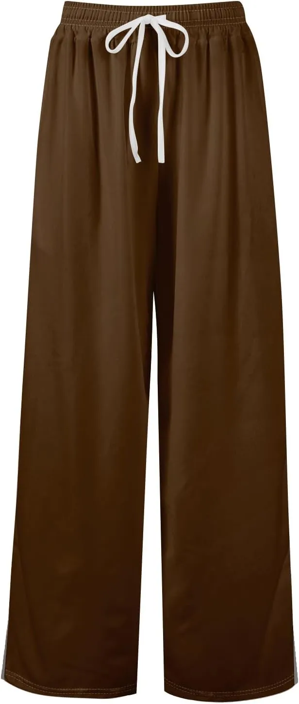 Linen Pants Women High Waisted Wide Leg Pants Drawstring Palazzo Lounge Pant Summer Beach Vacation Trousers