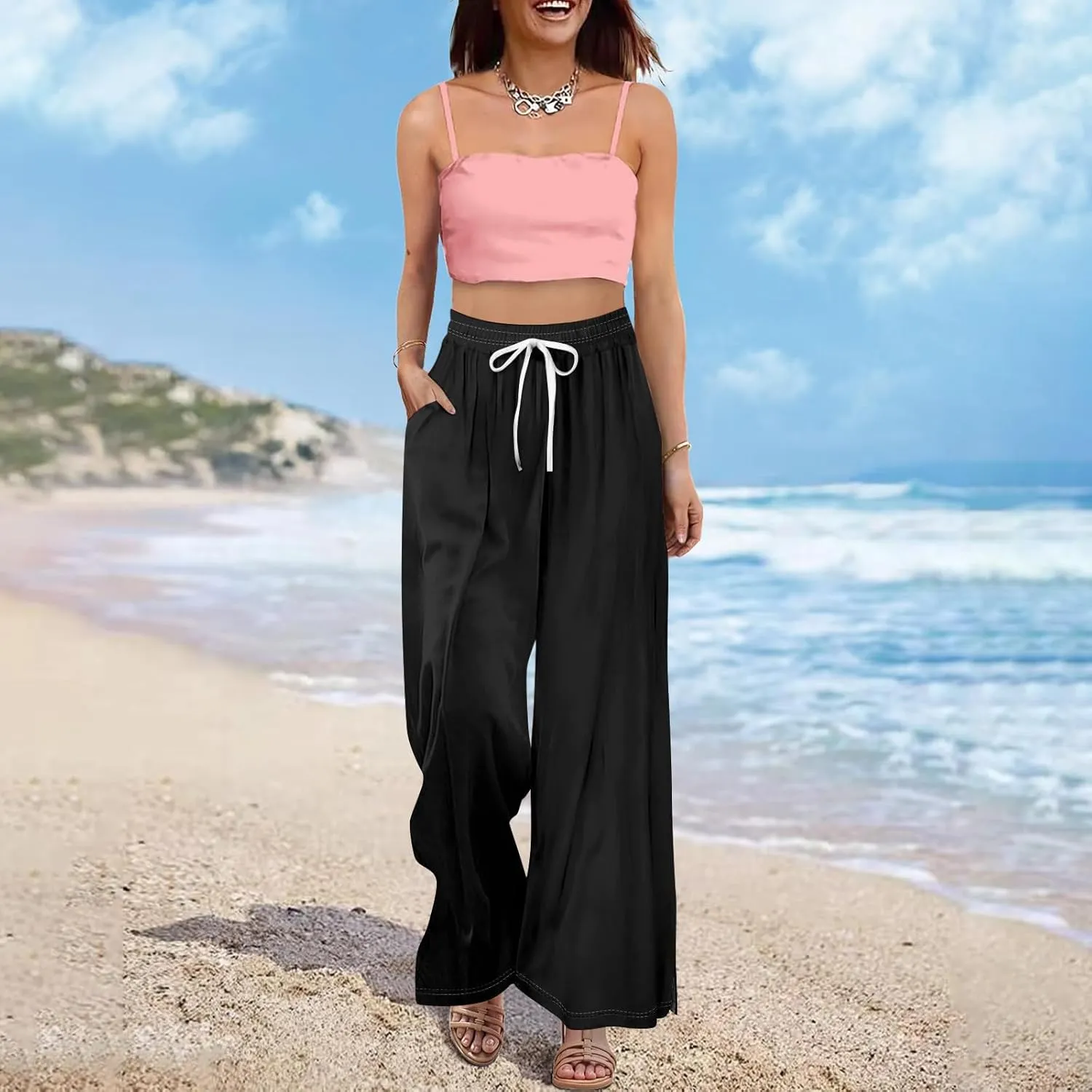 Linen Pants Women High Waisted Wide Leg Pants Drawstring Palazzo Lounge Pant Summer Beach Vacation Trousers