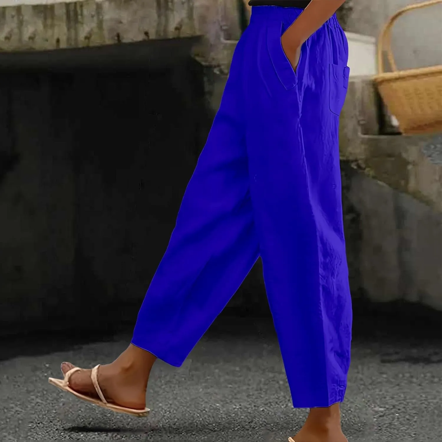 Linen Pants Women Summer Wide Leg Pant Drawstring Elastic Waist Pants High Waisted Lounge Beach Trousers with Pocket