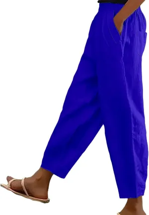 Linen Pants Women Summer Wide Leg Pant Drawstring Elastic Waist Pants High Waisted Lounge Beach Trousers with Pocket