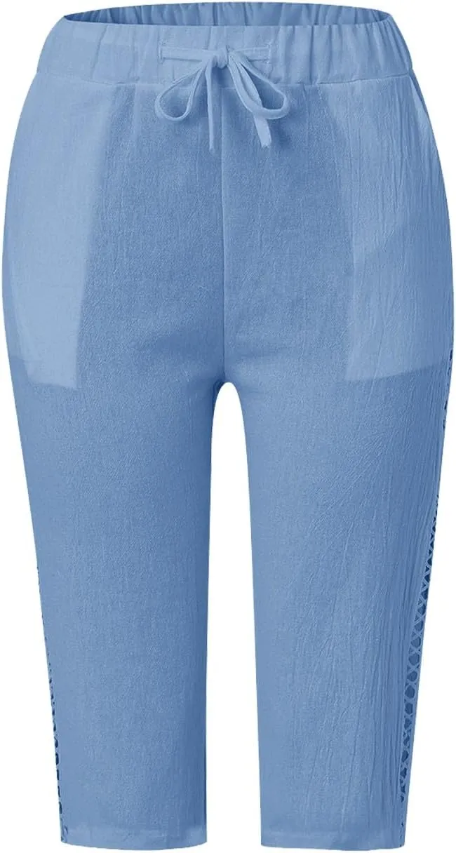 Linen Shorts for Women Knee Length Drawstring Elastic Waist Side Cutout Bermuda Shorts Pockets Summer Casual Shorts