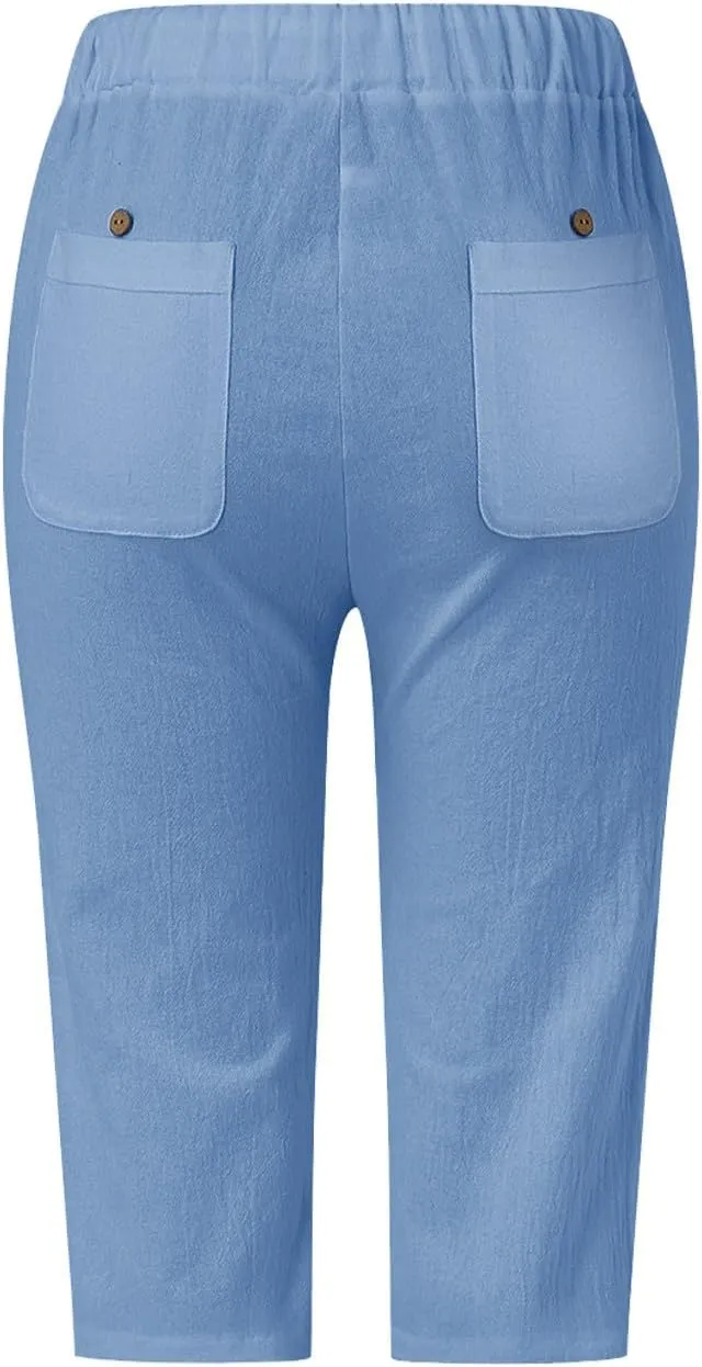 Linen Shorts for Women Knee Length Drawstring Elastic Waist Side Cutout Bermuda Shorts Pockets Summer Casual Shorts