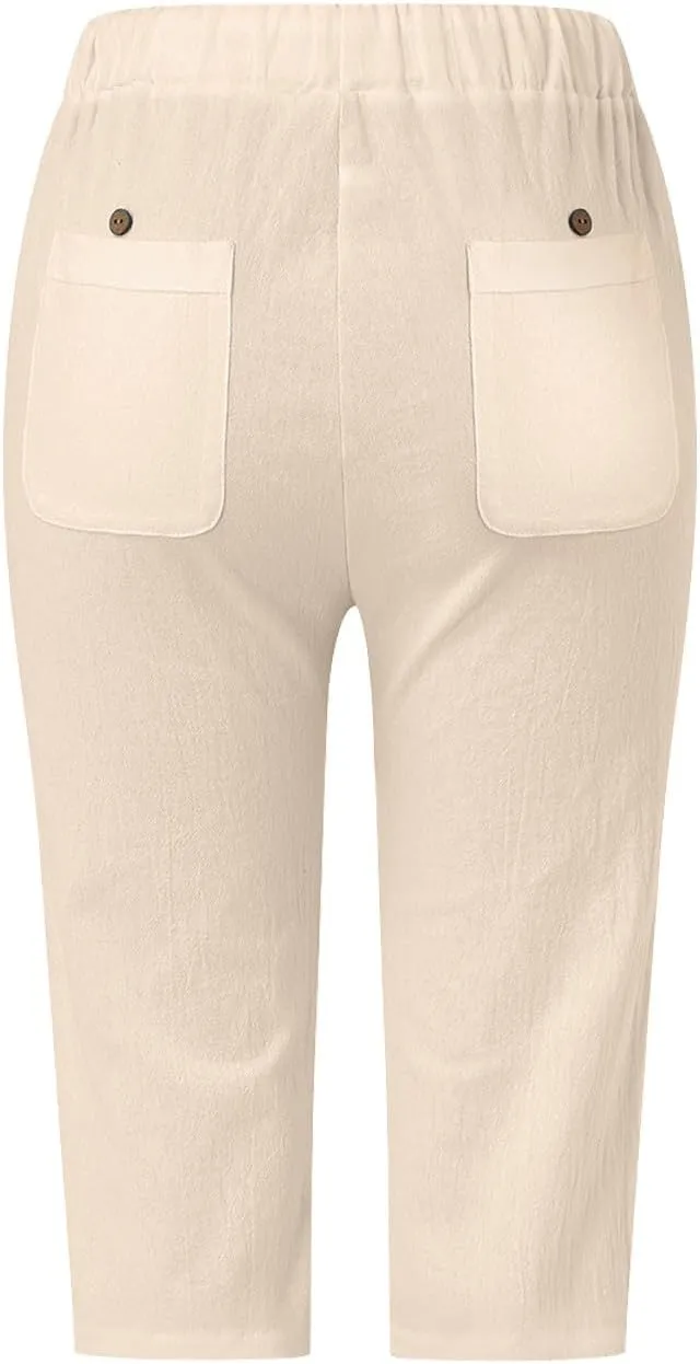 Linen Shorts for Women Knee Length Drawstring Elastic Waist Side Cutout Bermuda Shorts Pockets Summer Casual Shorts