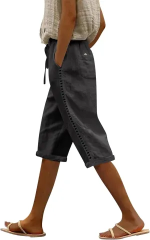 Linen Shorts for Women Knee Length Drawstring Elastic Waist Side Cutout Bermuda Shorts Pockets Summer Casual Shorts