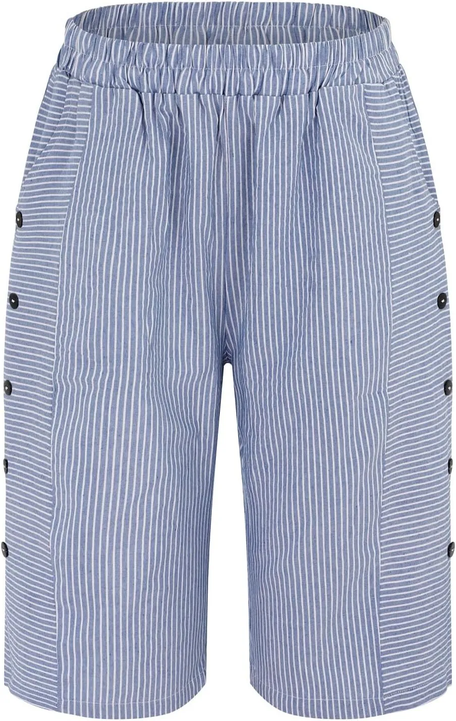 Linen Shorts for Women Knee Length Drawstring Elastic Waist Side Cutout Bermuda Shorts Pockets Summer Casual Shorts