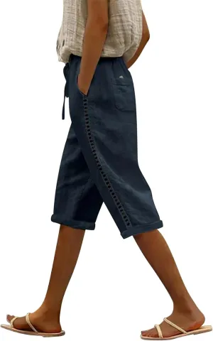 Linen Shorts for Women Knee Length Drawstring Elastic Waist Side Cutout Bermuda Shorts Pockets Summer Casual Shorts