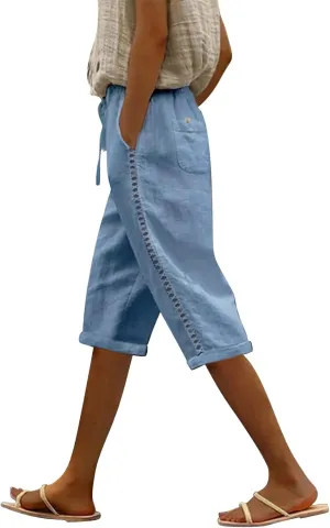 Linen Shorts for Women Knee Length Drawstring Elastic Waist Side Cutout Bermuda Shorts Pockets Summer Casual Shorts