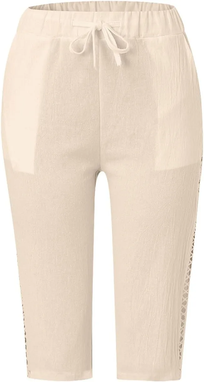Linen Shorts for Women Knee Length Drawstring Elastic Waist Side Cutout Bermuda Shorts Pockets Summer Casual Shorts