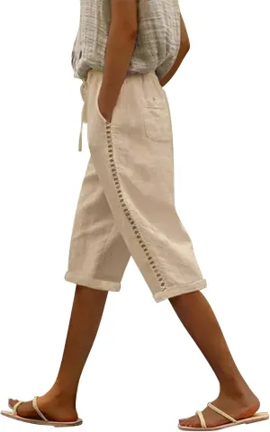 Linen Shorts for Women Knee Length Drawstring Elastic Waist Side Cutout Bermuda Shorts Pockets Summer Casual Shorts