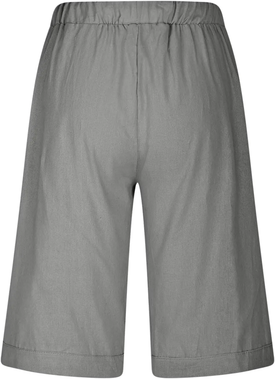 Linen Shorts for Women Trendy High Waisted Pants Side Hollow Lace Trim Drawstring Shorts with Pockets
