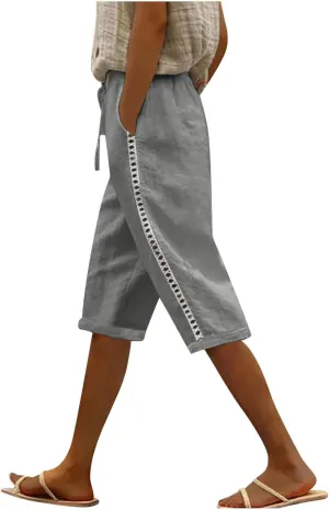 Linen Shorts for Women Trendy High Waisted Pants Side Hollow Lace Trim Drawstring Shorts with Pockets
