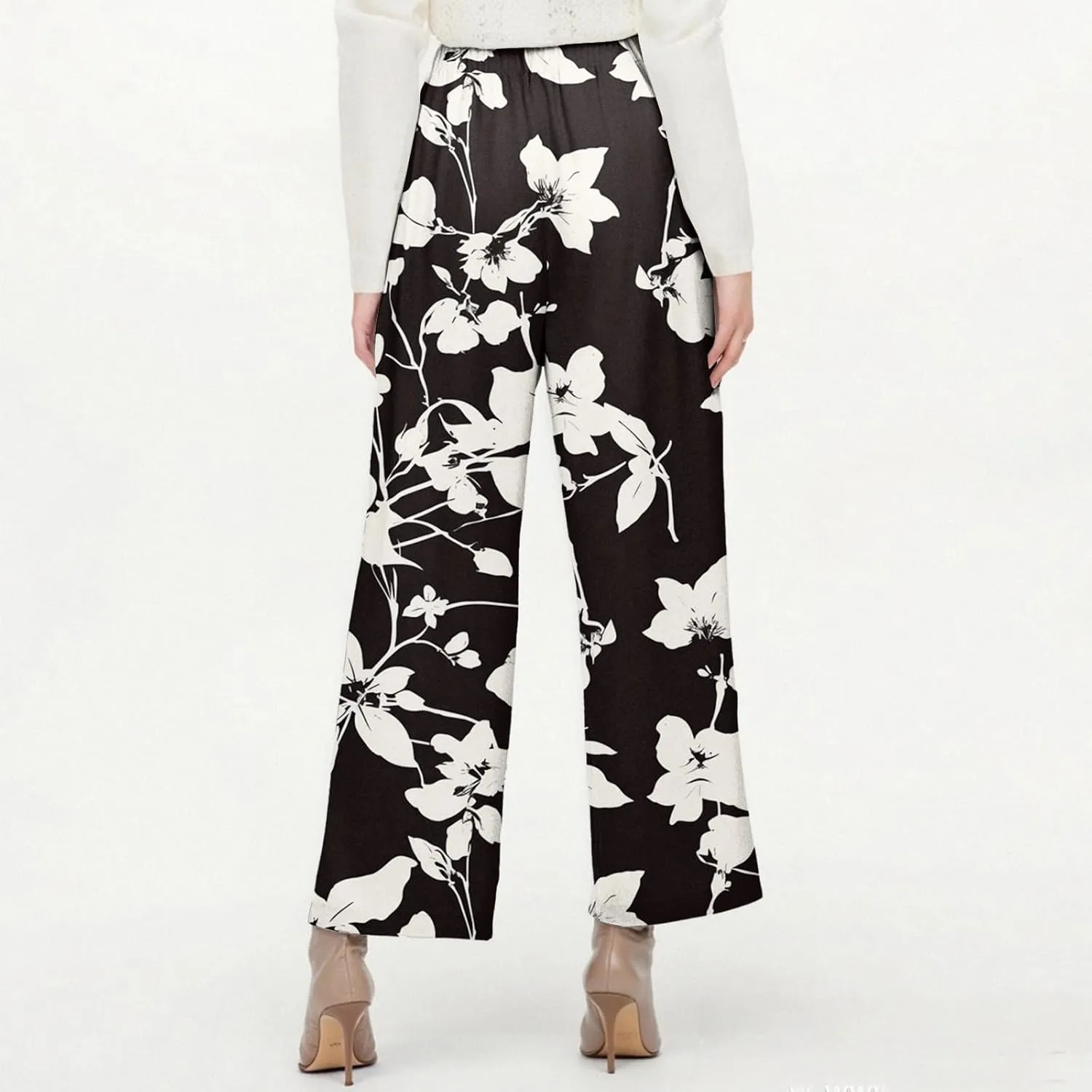 Linen Tall Pants for Women Summer Loose Fit Elastic Waist Wide Leg Pants Soft High Waist Straight Floral Print Outfits