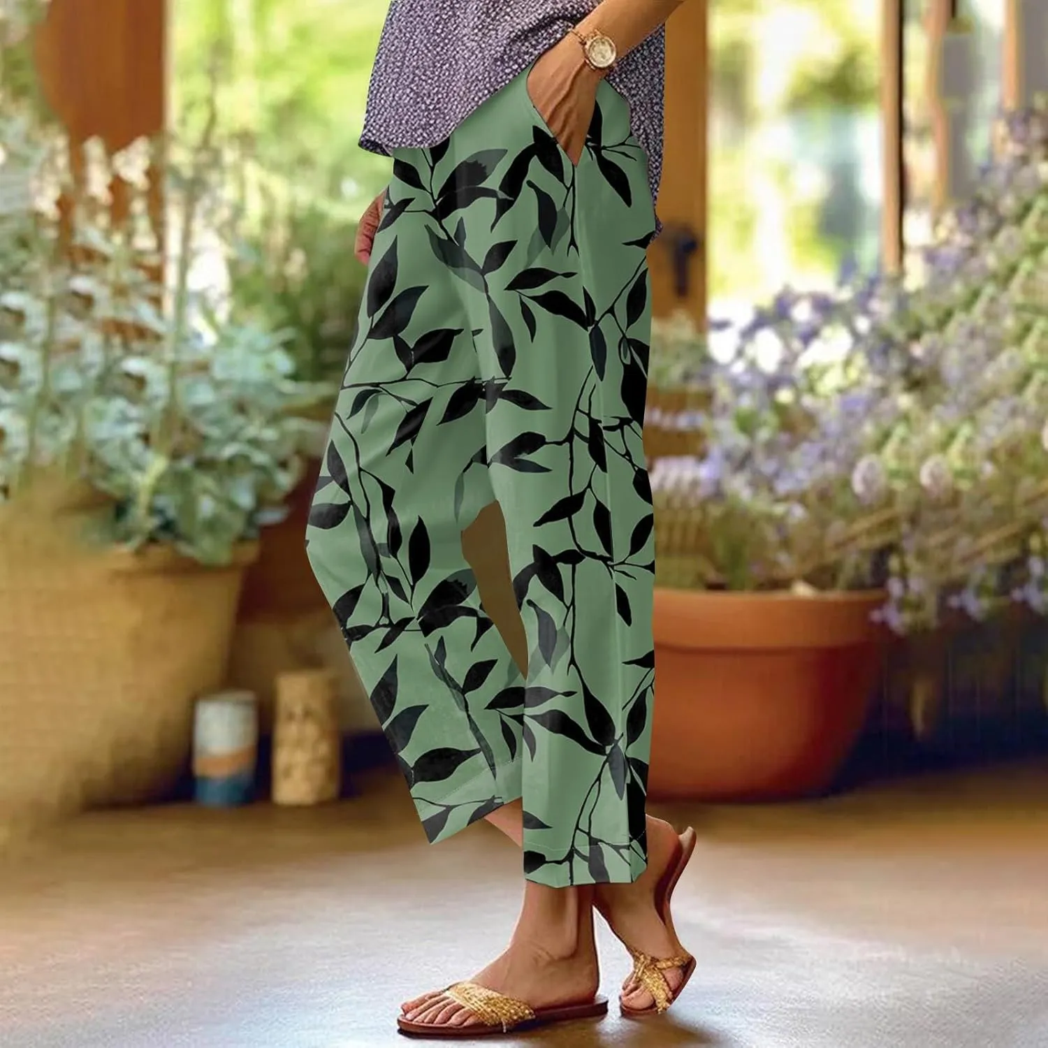 Linen Tall Pants for Women Summer Loose Fit Elastic Waist Wide Leg Pants Soft High Waist Straight Floral Print Outfits