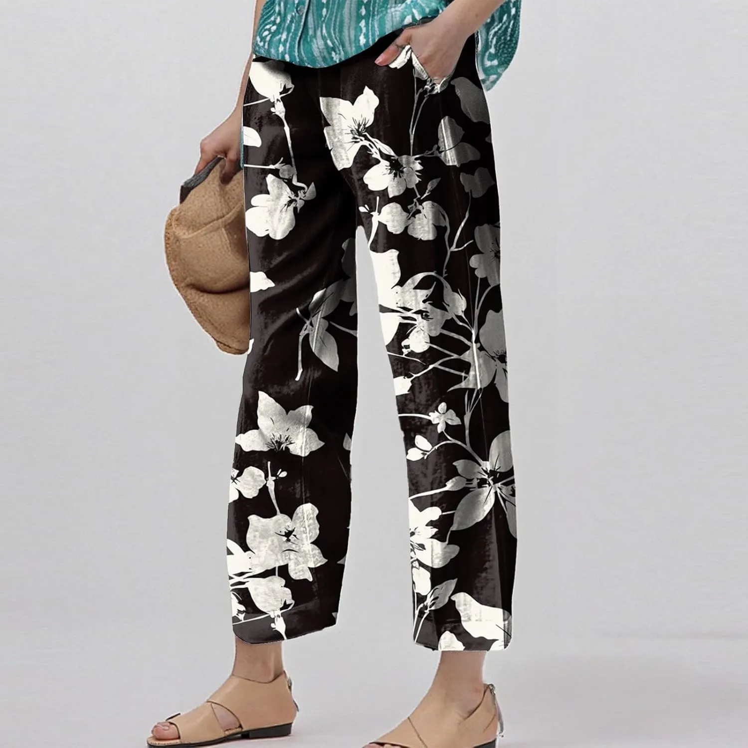 Linen Tall Pants for Women Summer Loose Fit Elastic Waist Wide Leg Pants Soft High Waist Straight Floral Print Outfits