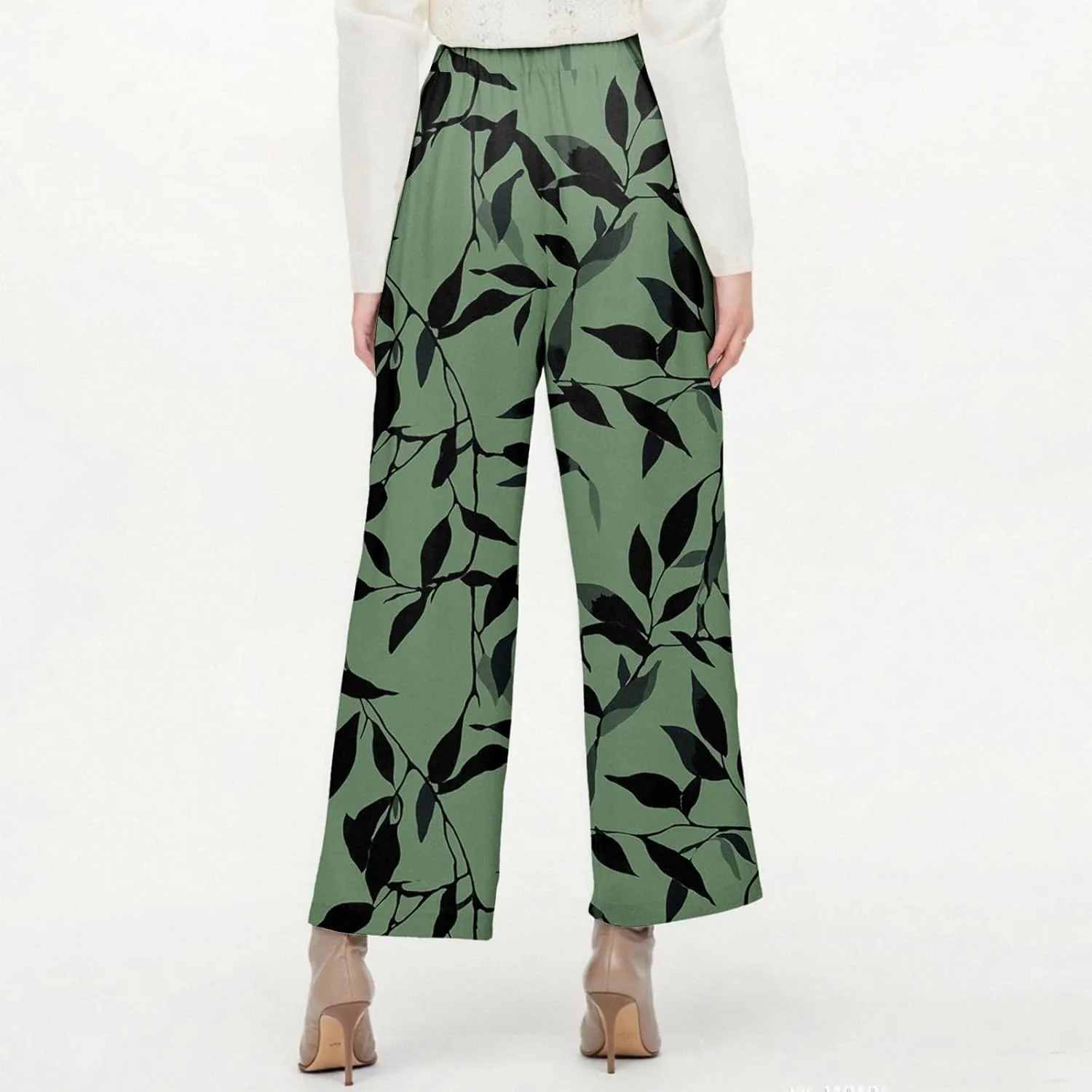 Linen Tall Pants for Women Summer Loose Fit Elastic Waist Wide Leg Pants Soft High Waist Straight Floral Print Outfits