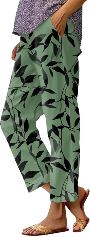 Linen Tall Pants for Women Summer Loose Fit Elastic Waist Wide Leg Pants Soft High Waist Straight Floral Print Outfits