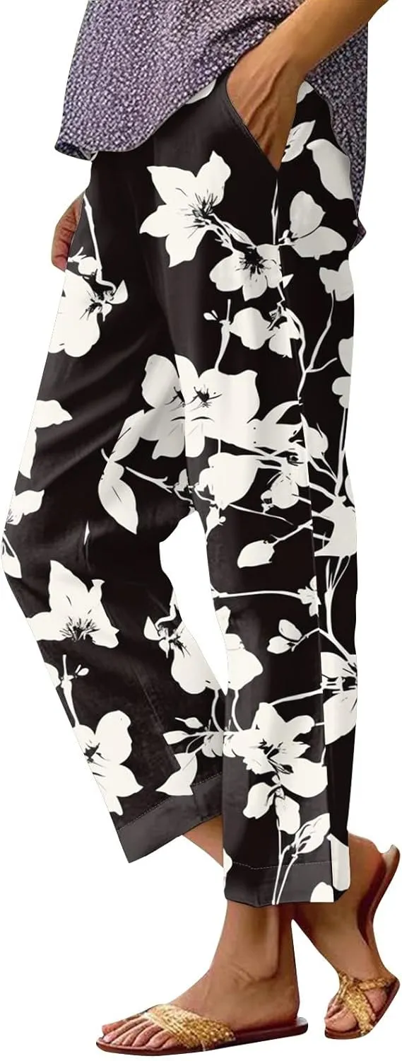 Linen Tall Pants for Women Summer Loose Fit Elastic Waist Wide Leg Pants Soft High Waist Straight Floral Print Outfits