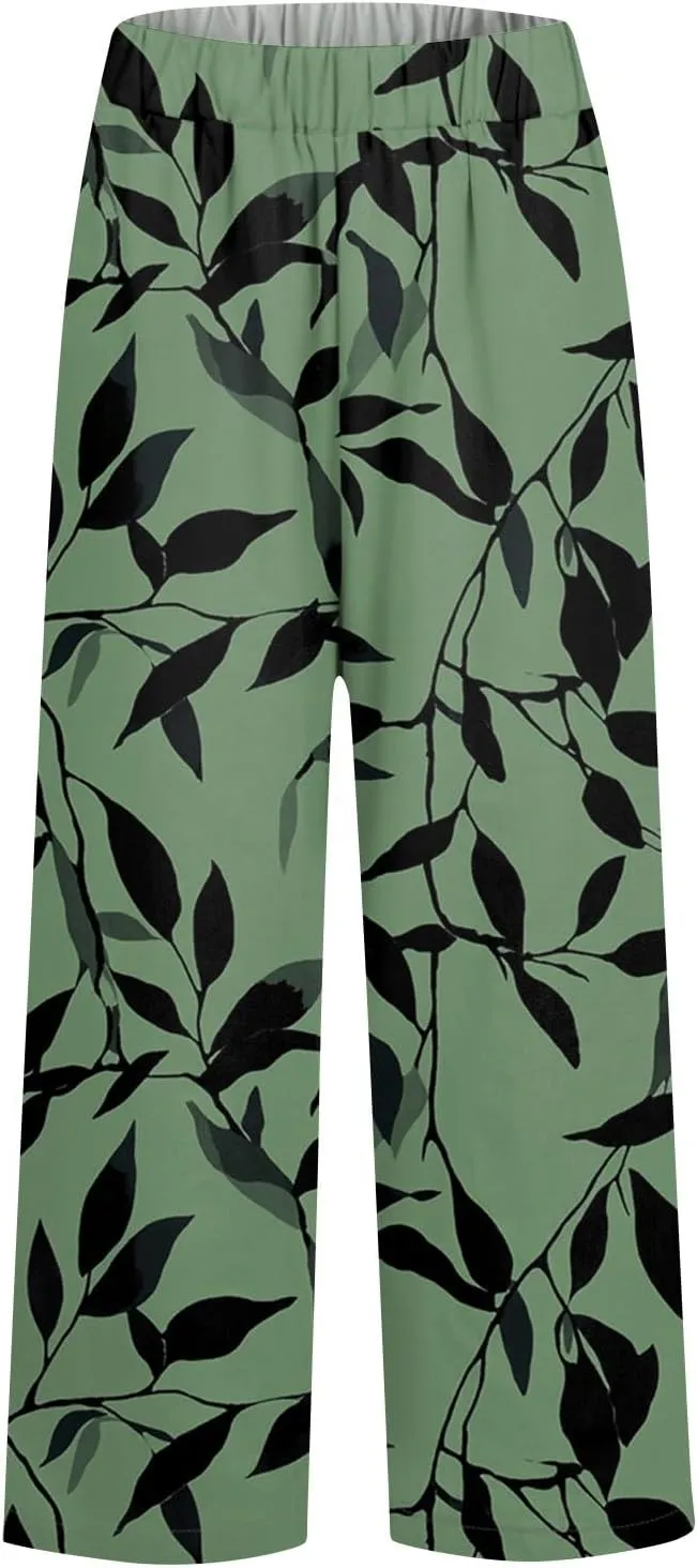 Linen Tall Pants for Women Summer Loose Fit Elastic Waist Wide Leg Pants Soft High Waist Straight Floral Print Outfits