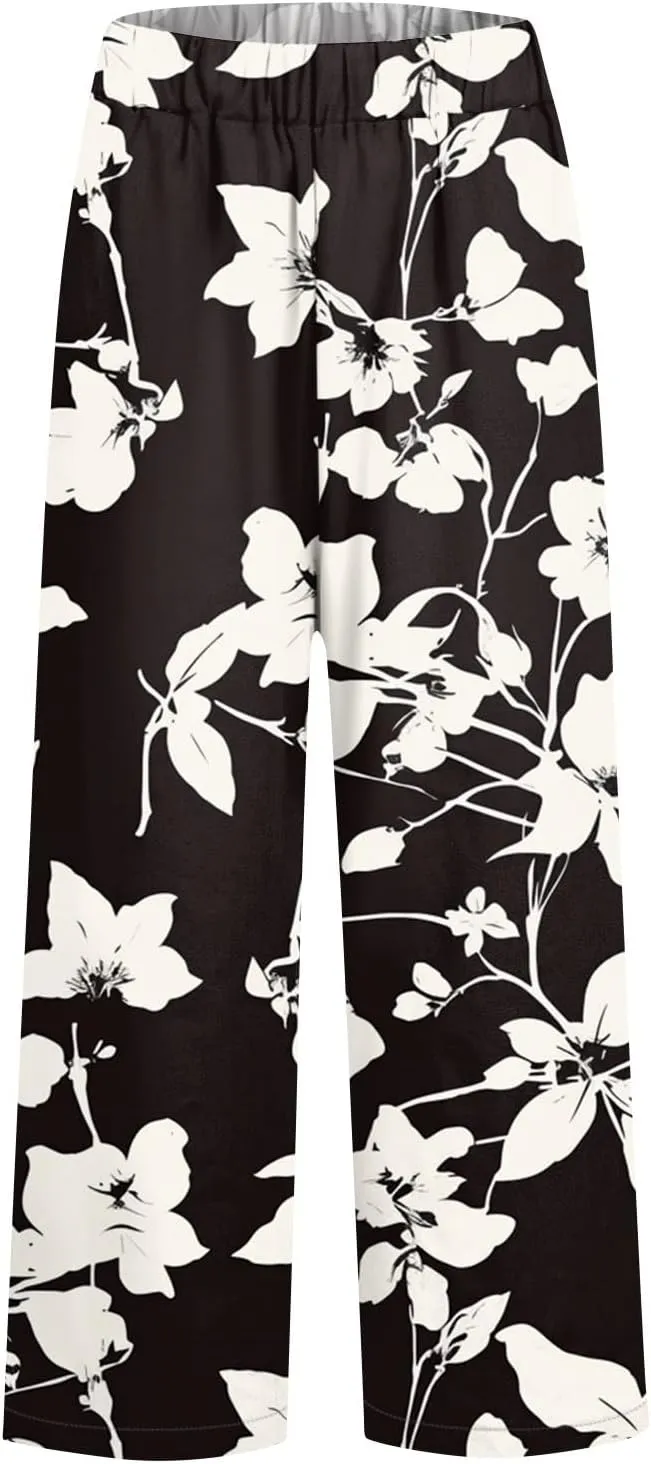 Linen Tall Pants for Women Summer Loose Fit Elastic Waist Wide Leg Pants Soft High Waist Straight Floral Print Outfits
