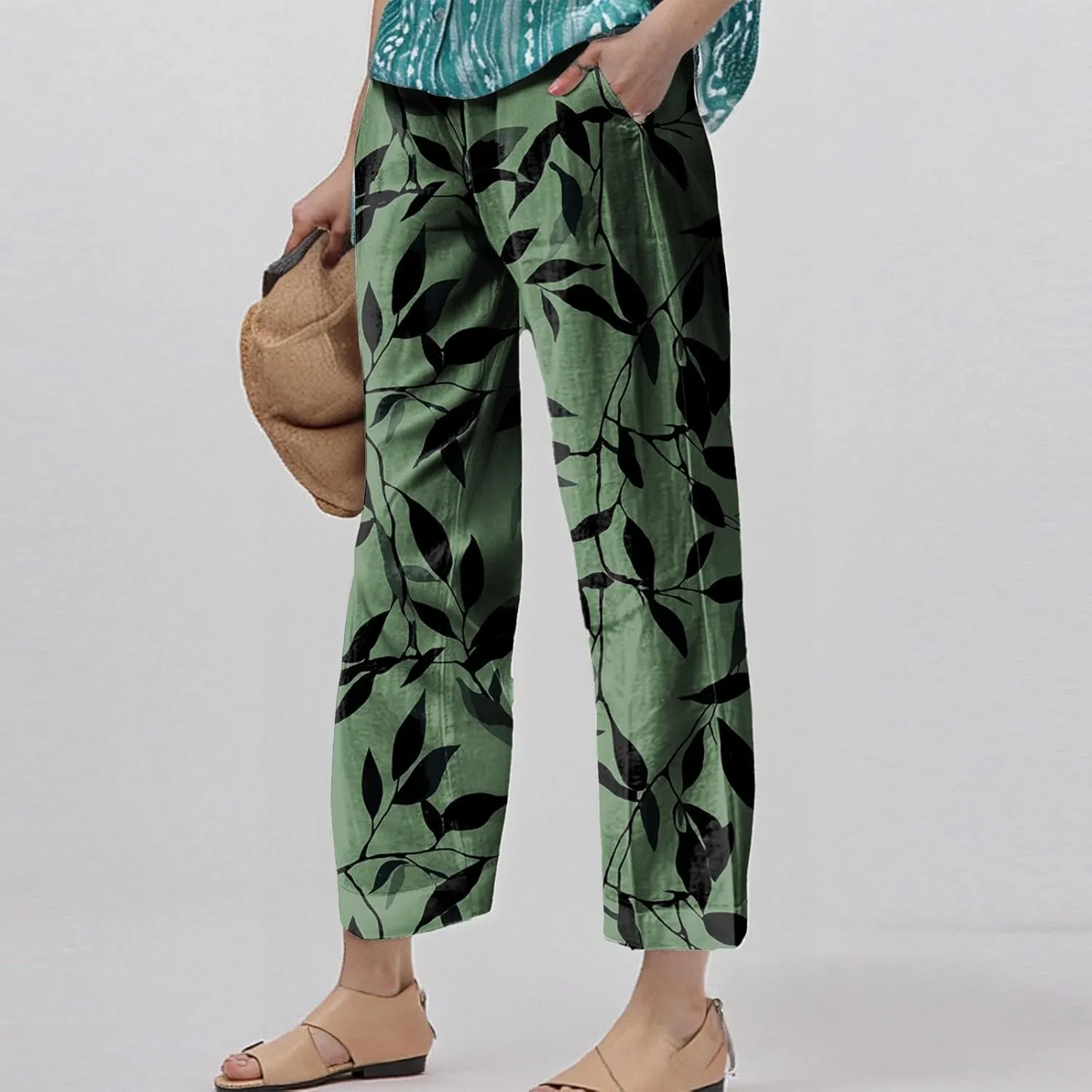 Linen Tall Pants for Women Summer Loose Fit Elastic Waist Wide Leg Pants Soft High Waist Straight Floral Print Outfits