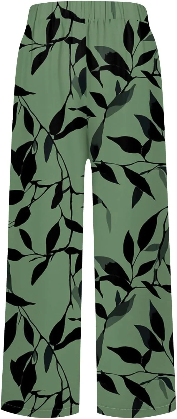 Linen Tall Pants for Women Summer Loose Fit Elastic Waist Wide Leg Pants Soft High Waist Straight Floral Print Outfits