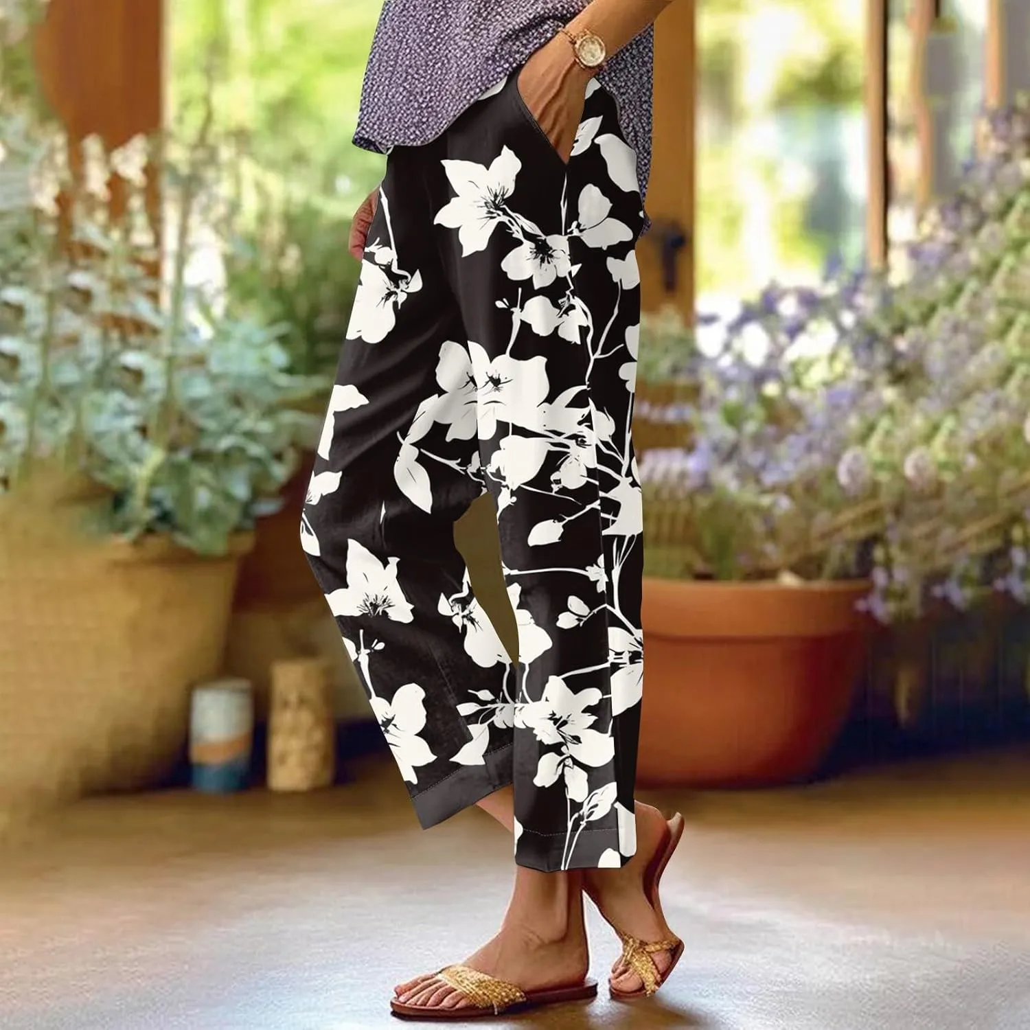 Linen Tall Pants for Women Summer Loose Fit Elastic Waist Wide Leg Pants Soft High Waist Straight Floral Print Outfits