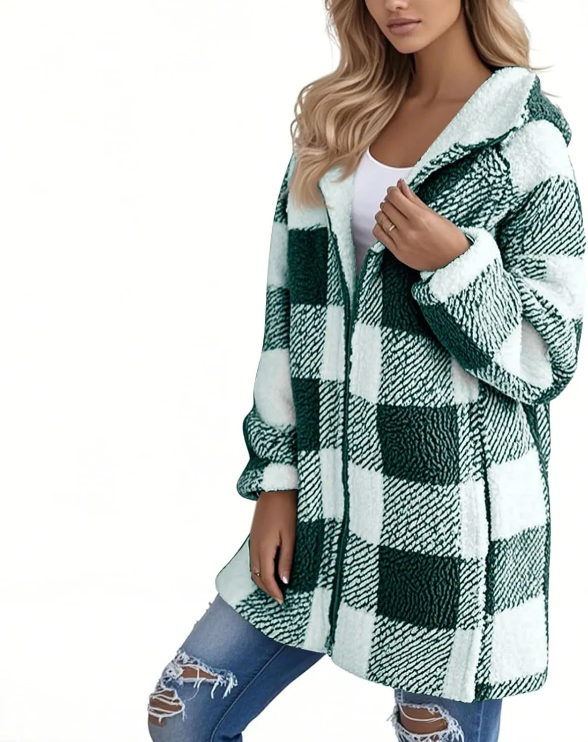 Long Winter Coats for Women Plaid Fuzzy Fleece Plus Size Zip Up Hoodies Casual Comfy Faux Fur Jacket with Pockets